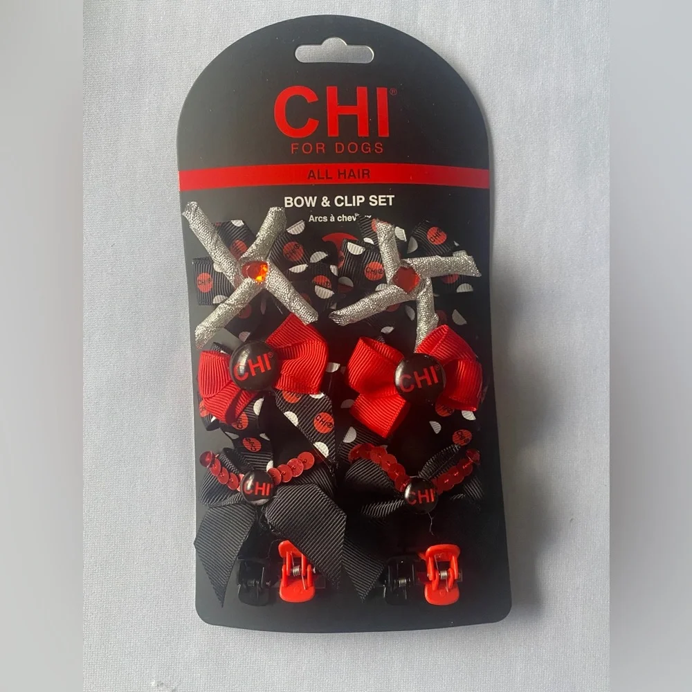 CHI For Dogs Bow & Clip Set Pet Grooming‎ Products Red Black White Pet Hair Bows